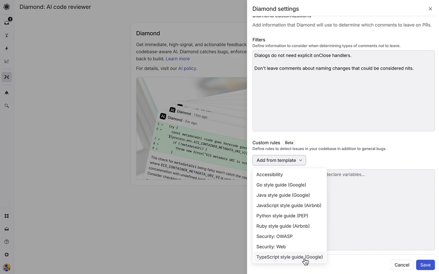 screenshot of Diamond templates